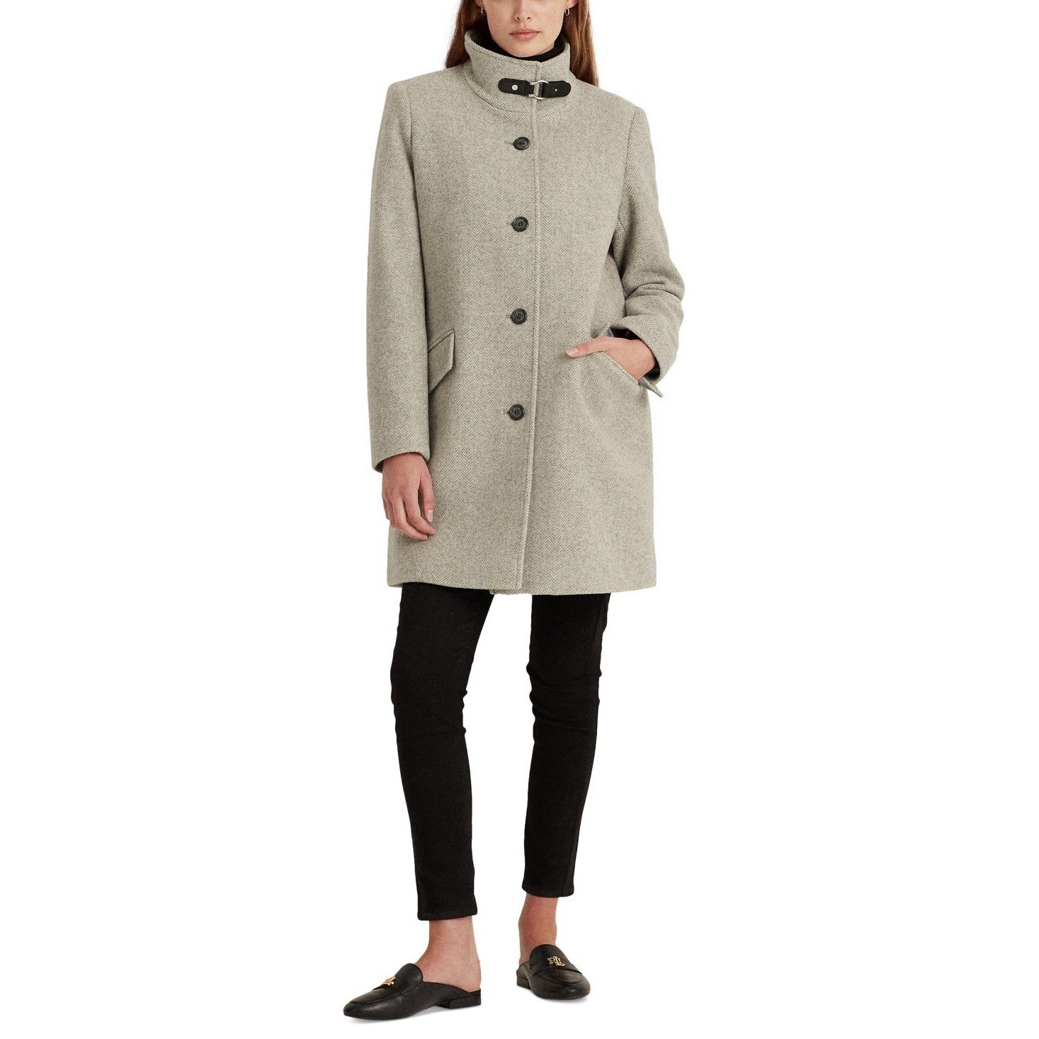 Ralph Lauren Women's Light Gray Herringbone Buckle-Collar Overcoat Coat Jacket 2